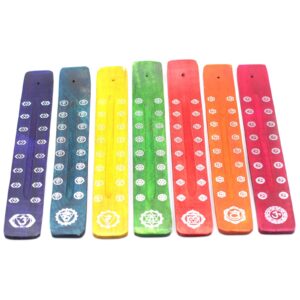 Set of seven colourful ash catchers for incense, beautifully crafted from wood.