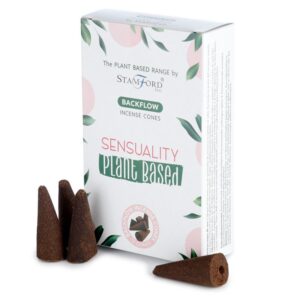 Backflow incense cones in a decorative box, promoting a sensual atmosphere.
