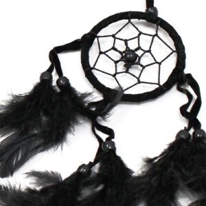 Handcrafted small round dream catcher in black, white, and red with feathers.