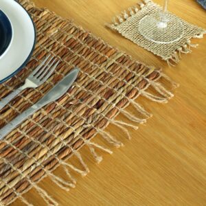 Natural water hyacinth placemat with fringe edges in earthy Robusta tone.