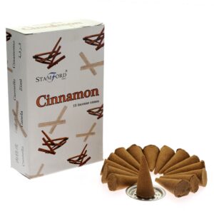 Stamford Premium Cinnamon Incense Cones with a metal holder for relaxation.