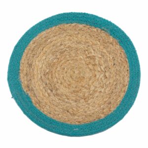 Teal bordered natural place mat made from jute and cotton for dining.