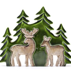 Hand-carved wooden decoration featuring two deer in a forest scene.