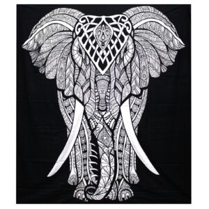 Black and white double cotton bedspread featuring an elephant design.
