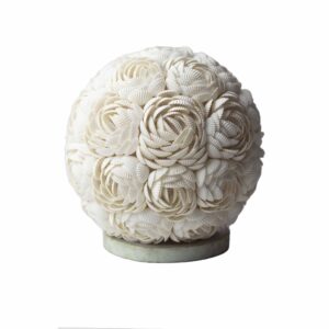 Handcrafted Boho Sea Shell Lamp with rose-shaped globe, perfect for coastal decor.