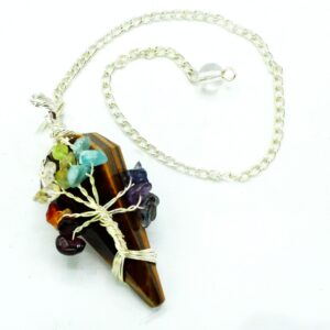 Tigereye magic pendulum featuring seven chakra stones for spiritual guidance.