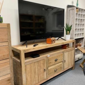Hand-crafted large TV stand made from upcycled teak wood with rustic finish.