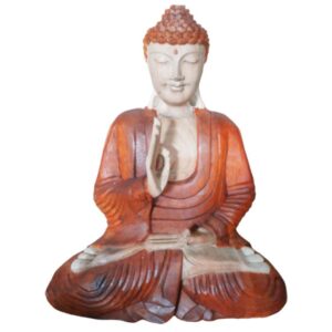 Hand carved Buddha statue showcasing intricate details and natural wood finish.