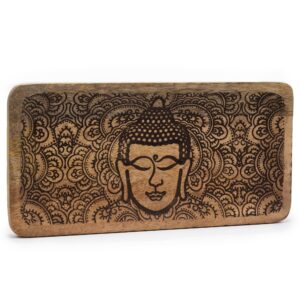 Black engraved long tray featuring a serene Buddha face design.