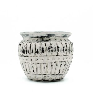 Cream Greek clay plant pot with a stripped pattern, perfect for indoor plants.