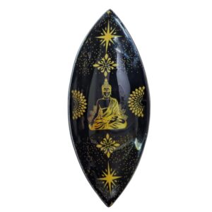 Gold and black enamel incense bowl featuring a Buddha design for a serene atmosphere.