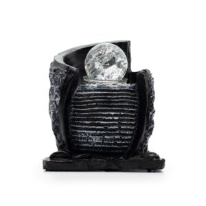 Stylish tabletop water feature with a ribbed pot and crystal ball in charcoal tones.