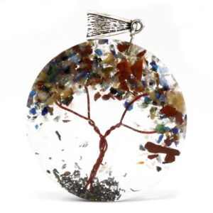 Round amethyst tree orgonite power pendant with gemstone chips and copper