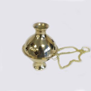 Elegant hanging brass incense burner with intricate cut-outs and sturdy chains.
