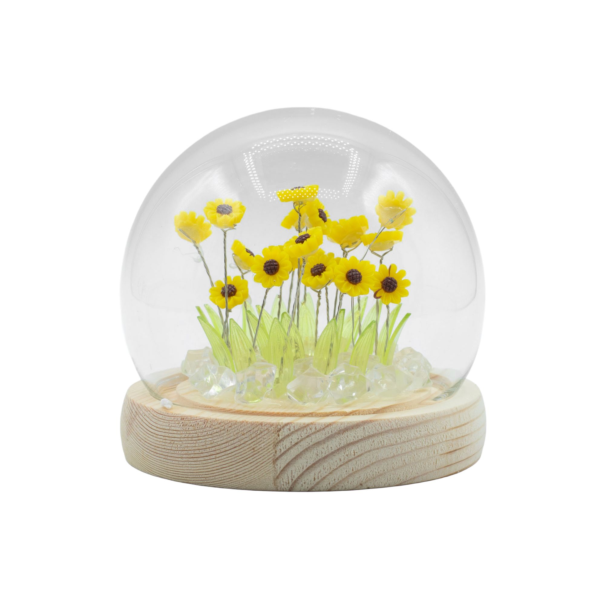Floral Glow Garden Dome - 20 Sunflower - LED USB 5 LED garden dome featuring sunflowers under a glass dome with wooden base.