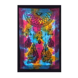 Handmade cotton bedspread featuring a dreamcatcher design, perfect for wall hanging.