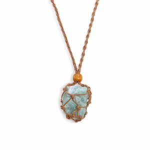 Brown necklace cord with intricate macramé wrap and wooden bead detail.