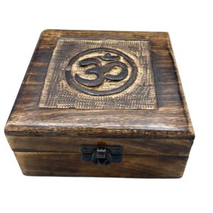 Hand-carved square wooden keepsake box featuring an Om design.