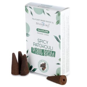 Backflow incense cones with a spicy patchouli scent for a calming atmosphere.