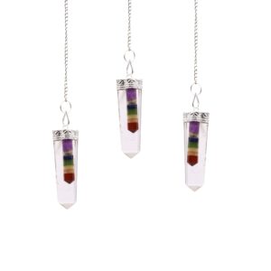 Slim crystal pendulum featuring a 7 chakra centrepiece and silver-tone detailing.