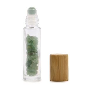Aventurine gemstone roller bottle with a wooden cap for essential oils.