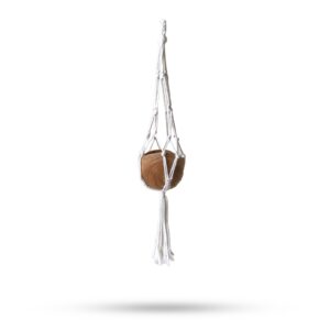 Natural macrame pot holder designed for large pots in a boho style.