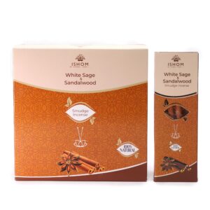 Ishom Smudge Incense featuring White Sage and Sandalwood for a calming atmosphere.