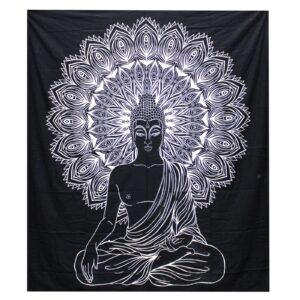 Black and white double cotton bedspread featuring a Buddha design, handmade in India.