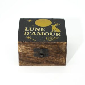 Small mango wood box with Lune D'Amore enamelled lid featuring moon and stars.