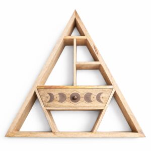 Wooden triangle-shaped wall shelf with a moon phase drawer for storage.