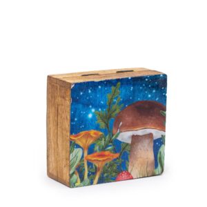 Teal small enameled square box with a mushroom design, perfect for storage.