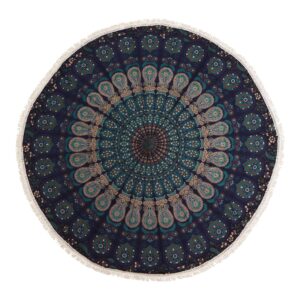 Peacock blue mandala roundie cotton art with intricate patterns and gold accents.