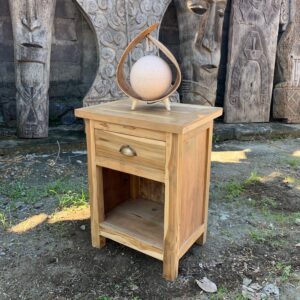 Hand-crafted recycled wood bedside table with rustic finish and unique details.
