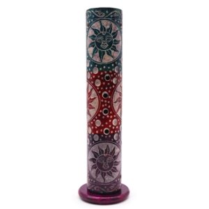Elegant soapstone round tower incense holder featuring sun designs.