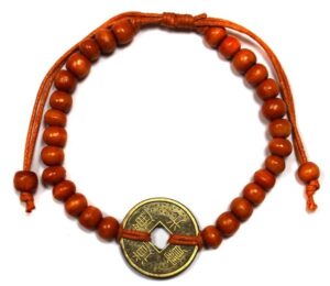 Orange Good Luck Feng Shui Bracelet with wooden beads and coins