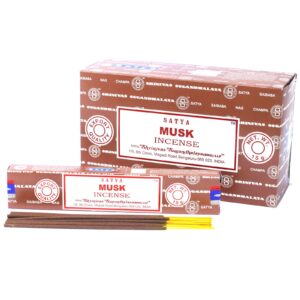 Musk-scented Satya incense sticks in recyclable packaging.