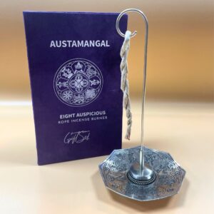 Rope incense and silver plated holder set featuring Astamangal symbols.