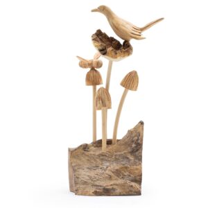 Woodland-inspired carving of a bird and bee on mushrooms in natural wood.