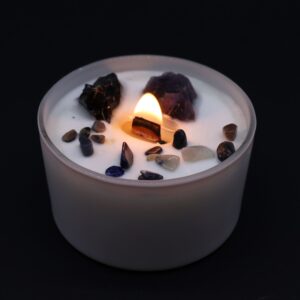 Solar Plexus Chakra candle with Amethyst and Black Agate crystals.