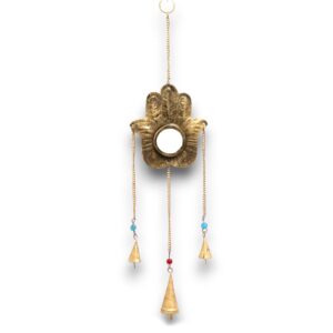 Brass Hamsa hand with mirror and three colourful chime bells.