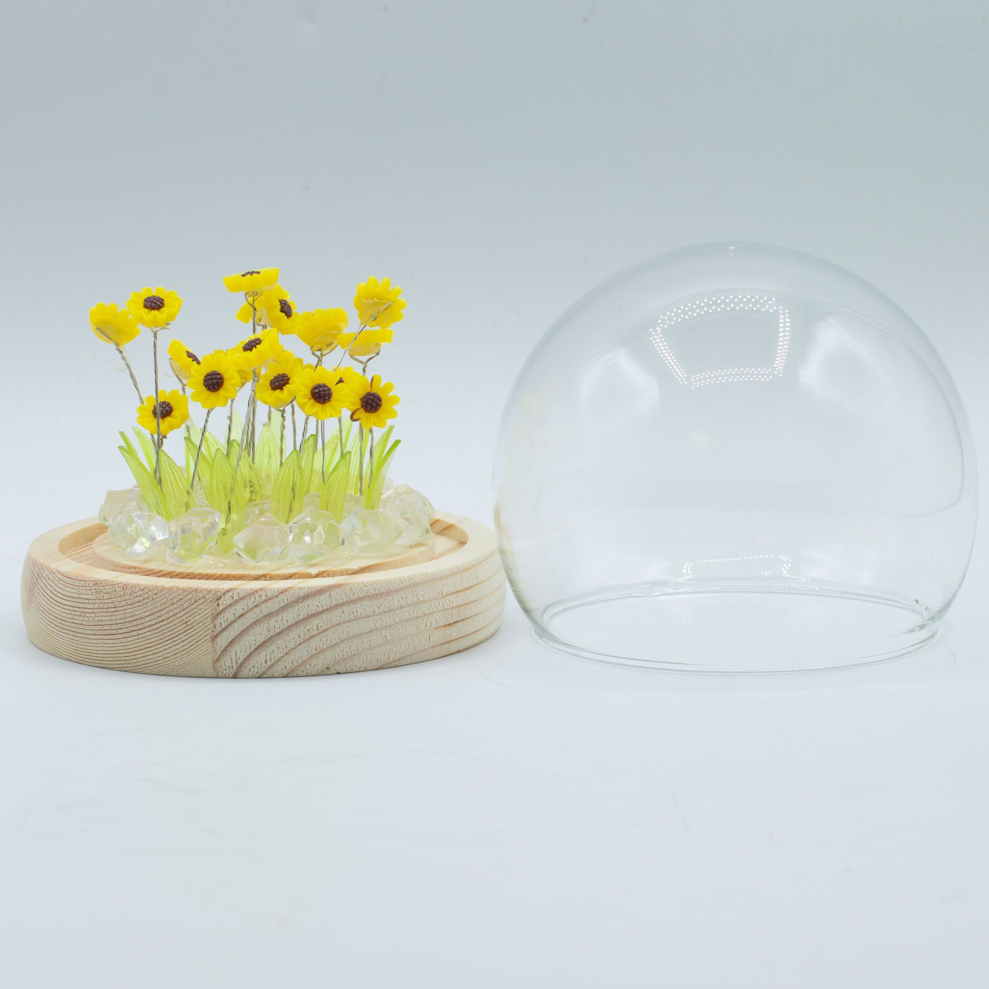 Floral Glow Garden Dome - 20 Sunflower - LED USB 1 Delicate floral design under a glass dome with a wooden base and soft LED light.