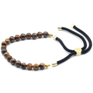 18K gold plated bracelet featuring tiger eye gemstones on a black string.