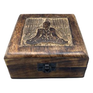 Elegant square wooden keepsake box featuring a Buddha design for cherished moments.