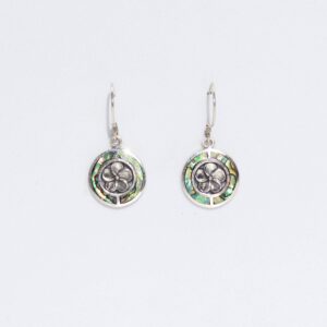 Elegant shell and silver earrings featuring a frangipani design with abalone.