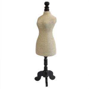 Cream mannequin jewellery display stand on a wooden base showcasing necklaces.