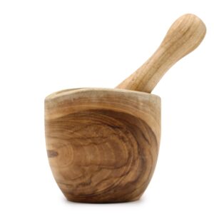 Natural teak pestle and mortar set, perfect for everyday use in the kitchen.