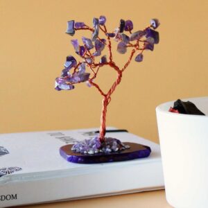 Amethyst gemstone tree on a natural agate base with 35 stones.
