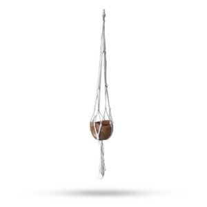 Natural macrame pot holder designed for stylish plant display.