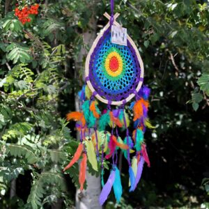 Multi-coloured teardrop Bali dream catcher for home decor and gifting.