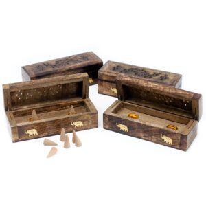 Mango wood incense cone smoke box with intricate carvings.